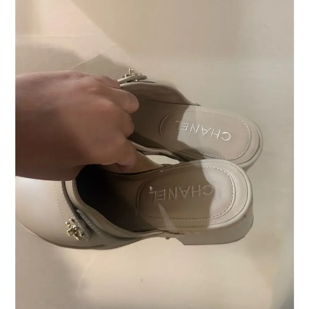 CHANEL Beige Calfskin CC Turn Lock Clog Mules sz 37
